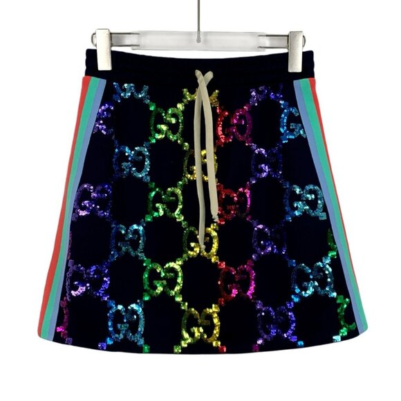 Gucci Womens Rainbow Sequin GG Monogram Skirt W/ Side Stripes